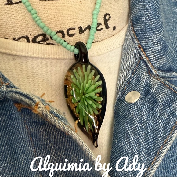 Alquimia Jewelry - Vintage glass big pendant green statement necklace